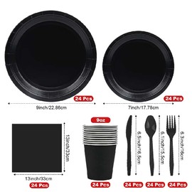 Rabbit Dance 168 Pieces Black Disposable Tableware Party Supplies Set with Paper Plates, Napkins,Forks for Wedding, Birthday Party, Picnic, Barbecue- Serves 24