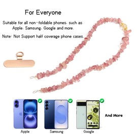 Strawberry Quartz Chips Beaded Crystal Hands-free Cell Phone Lanyard with Thin Tab, Detachable Wrist Strap for Women Gift