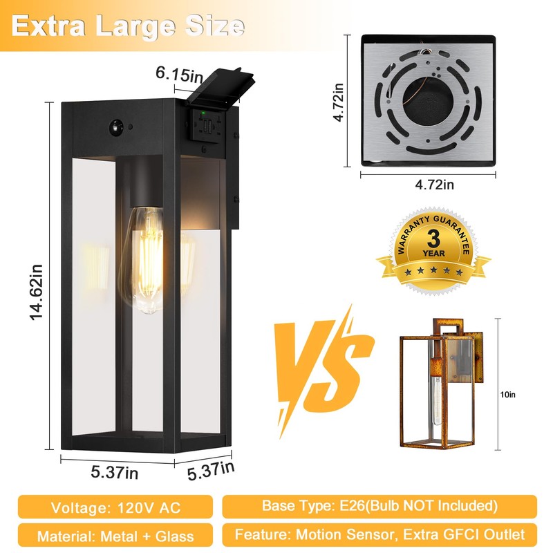 OYKYOHEI 2 Pack Large Porch Lights with GFCI Outlet, Dusk