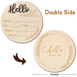 ZIEYOMI-Baby Announcement Board, Hello World Newborn Welcome Sign, Wooden Baby Name Sign for Nursery, Birth & Hospital Photo Prop - Black