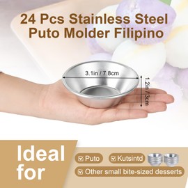 ZANHIX 24 Pcs Puto Molder Filipino Stainless Steel - Medium-Size -3.1”x1.2” Non-Stick Puto Mold Cups for Steamer Filipino, Reusable Kutsinta Molder for Baking Puto Kutsinta Mini Muffin Tart Rice Cakes