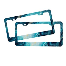 Hysing Marble License Plate Frame 2 Pack,Liquid Blue Golden Car License Plate Covers Universal Aluminum Metal License Plate Holders with Screws