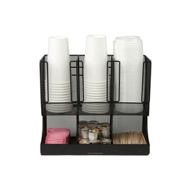 Mind Reader 6 Compartment Upright Breakroom Coffee Condiment and Cup Storage Organizer, Black Metal Mesh
