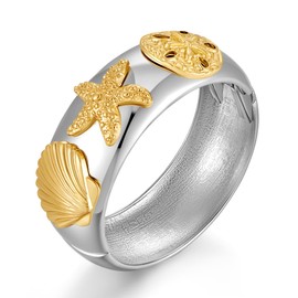Chunky Seashell Bangle Bracelet for Women Gold Silver Mermaid Sea Shell Bangles Wide Statement Bracelet Hinged Open Starfish Bracelet