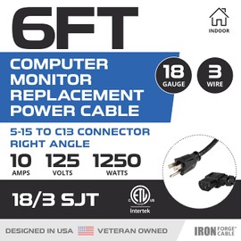 Iron Forge Cable 2 Pack of 6 ft Power Cords for TV Computer or Monitor (NEMA 5-15P to C13) - 18/3 SJT Right Angle C13 Connector Replacement Audio & Video Power Cable, Black
