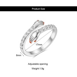 QKEPCY 925 Sterling Silver Hug Ring Adjustable Pair Hug Ring Crystal Ring Romantic Love Hugging Hands Ring Silver Give Me A Hug Hand Open Ring, Sterling Silver