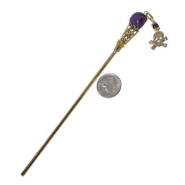 Hair Stick, Gothic Purple Turquoise Magnesite Skull Artisan Theme Gold Colored 5.5" Hairstick(Basket Slightly Bend By Design for Artistic Flair) with Genuine Amethyst x1pc