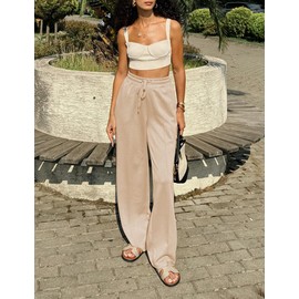 PINSPARK Women's Baggy Sweatpants High Elastic Waist Casual Wide Leg Pants Seams Drawstring with Pockets Light Khaki M