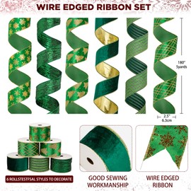 6 Rolls 5 Yard Christmas Ribbon Decorations Christmas Tree Ribbon Gift Box Packaging Ribbon Glitter Christmas Ribbons Ribbon for Gift Christmas Tree Decoration, Green