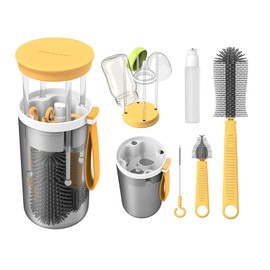 Rrwin Baby Bottle Brush,Todder Nursing Bottle Silicone Brush Travel Set with Nipple Cleaner and Drying Rack,Yellow