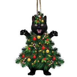Black Cat Acrylic Christmas Ornament - Fun Holiday Decoration for Cat Lovers for Pet Owners - Festive Tree Ornament with Black Cat in a Christmas Tree Design (2024 Black Cat Tree)