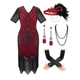 SWEETV Women's Flapper Dresses 1920s Fringed Sequin Great Gatsby Dress with 20s Accessories -Roaring 20s Costumes Red Medium