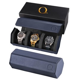 QWATCHBANDS Napa Leather Watch Rolls for Men - Hexagon Triple Watch Roll Travel Case for 3 Watches - Storage Organizer Genuine Leather with Velvet Interior Display (Blue/Black)