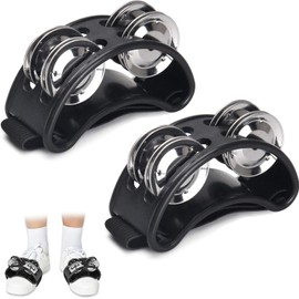 Pandereta Clásica de Pie, 2 Pandereta Con Correas Ajustables, Pie Batería, Pandero De Pie, Doble Fila De Metal Bell, Pandero de Pie Percusión para Tambor Accesorio Instrumento, Niños y Adultos