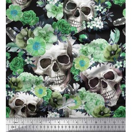 Soimoi Cotton Canvas Fabric Skull,Rose & Anemone Flower Print Fabric by The metre 42 Inch Wide