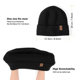 Beanie for Men, Stretchy Soft Cuffed Wooly Beanie with Thick Warm Lining, Unisex Classic Winter Hat, Gifts for Women/Men/Her/Him/Dad (Black)