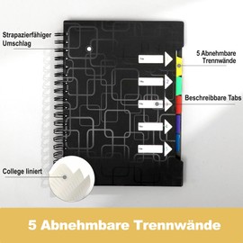 CAGIE Notebook with Index A5 Lined Spiral Bound 240 Sheets (120 Pages) Small Spiral Notepad with Index for Work Office School College Essentials, Black, 15 x 21 cm
