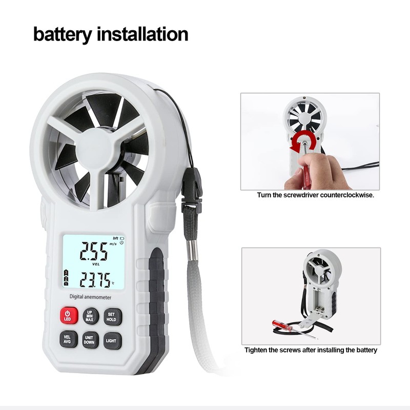 Digital Anemometer, Wind Speed Meter with Temperature Sensor, Wind Gauge