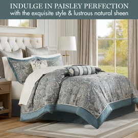 Madison Park Aubrey Cozy 12 Piece Comforter Set & Sheet, Luxe Faux Silk Jacquard Paisley Design - All Season Down Alternative Bedding with Cotton Bed Sheets, Bedskirt, Toss Pillows, Cal King Teal