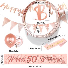 50th Birthday Decoration Set – Rose Gold 50th Birthday Party Decorations for Women – Includes Banner, Balloons, Sash and More – Happy 50th Birthday Party Decorations for Women