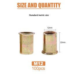 Keadic 100Pcs M12 Rivet Nuts Metric Zinc Plated Rivet Nut Carbon Steel Rivet Nut Flat Head Threaded Insert Kit Threaded Rivet Insert Nutsert Rivnuts Kit for Furniture