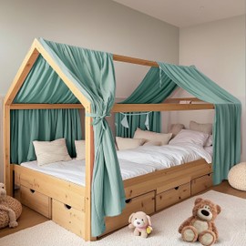 FloraVigo House Bed Canopy, 2 Pieces, Handmade 100% Cotton Muslin, Fabric Canopy for House Bed Decoration, for Girls and Boys (Set of 2, 65 x 270 cm Eucalyptus)