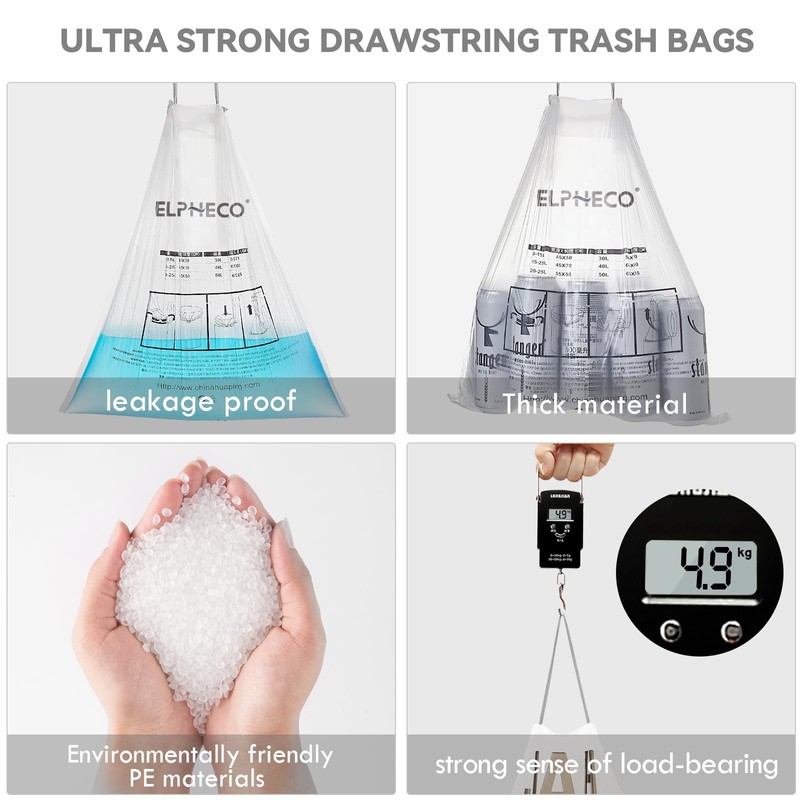 ELPHECO 2.5 Gallon Trash Bags │ 15 Liters Drawstring Garbage