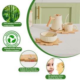 Erjiacun Bamboo Trivets for Hot Dishes, Pots & Pans - 6 Large Heat Resistant Pot Holders Trivet Set with Maple Leaf Design, Non-Slip for Kitchen Countertops & Dining Table (Maple Trivet Set)