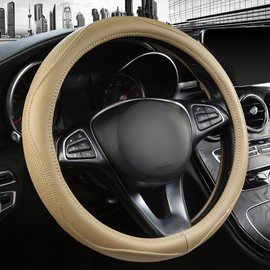PJBTYZ High-Grade Beige Genuine Leather Steering Wheel Cover for Men Women，Real Cowhide Leather Steering Wheel Cover for Cars,Universal 14.5-15 inch Steering Wheels