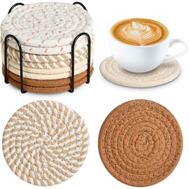 8Pcs Posavasos para Mesa,Portavasos de Silicona Antideslizantes con Soporte,Coasters for Drinks,Posavasos para Bebidas,Portavasos para Bar,Restaurante,Hogar (Tejido Color café)