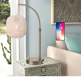 Sainsbarry Tall Industrial Gold Rattan Table Bedside Lamp for Bedroom with USB Charge Port, Boho Woven Nightstand Lamp Home Office Couch Side Living Room Decoration Desk Lamp Gold & White
