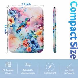 BREIDMKFM Folding Mirror Portable Travel Mirror, PU Leather Mirror with Adjustable Stand, Desktop Makeup Mirror for Travel, Home, Office, Vanity Table (5.7W×3.9L), Watercolor Floral Hummingbird