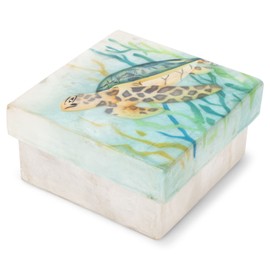 Cottage Garden Hand Painted Iridescent Capiz Shell Square 3 x 3 inch Keepsake Decorative Memory Trinket Jewelry Ring Earring Necklace Organizer Vintage Box with Lid, Seaweed Green Sea Turtle