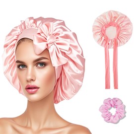 Flomiara Silk Bonnet for Sleeping Curly Hair, Adjustable Sleep Caps Skin Care, Cleaning, Makeup for Women Girl, Soft Easy to Use Satin Bonnets, Hair Bonnet with Tie Band for Most Hair Types Pink