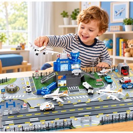 Airplane Toy Set with Helicopter, Trucks & Airport Playmat – Interactive Airport Pretend Play Set for Kids