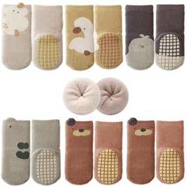 Exemaba 6 Pairs Baby Non-Slip Socks Thick Toddler Warm Winter Socks Stopper Socks ABS Non-Slip Socks for Boys Girls, khaki duck