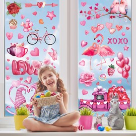 Valentine Window Clings for Glass Windows Gnome Pink Love Tree Truck Flamingo Window Stickers Heart Window Decals Valentines Day Decoration for Home Office Party Classroom Wedding Anniversary