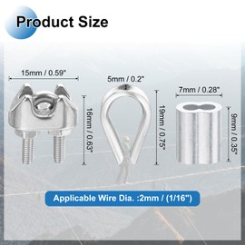 PATIKIL 18Pcs M2 304 Stainless Steel Wire Rope Kit, Wire Rope Cable Clip Clamp, Tube Thimble and Crimping Loop for 1/16 Inch Wire Rope Cable Thimbles, Silver