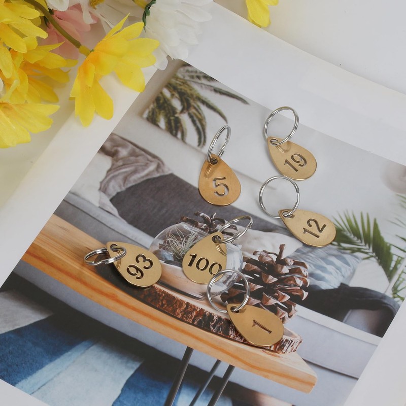 NumRealm Key Tags with Numbers, Brass Droplet Shaped Key ID