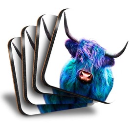 Destination Vinyl ltd Great Coasters (Set of 4) Square - Blue Pop Art Highland Cow Animal Drink Glossy Coasters/Tabletop Protection for Any Table Type #21683