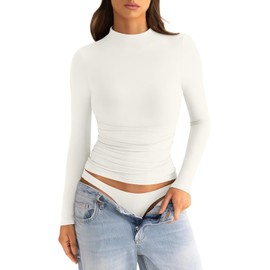 EasyGala Womens Mock Neck Long Sleeve Shirts Ruched Double Lined Top Fit Tight Turtleneck Tee Spring Fall Clothes 2025 Cream White