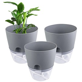 Relota Pack of 3 Flower Pot, Grey, 15.3 cm Width, Herb Pot Plastic with Self-Watering and Water Reservoir, Kitchen Herb Flower Pot with Watering System for Kitchen, Balcony, Bedroom