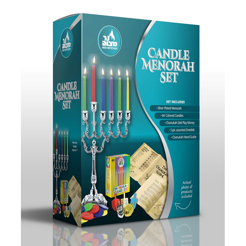 Ner Mitzvah Hanukkah Menorah Candles Dreidels, Chanukah Guide Complete Set