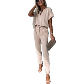 amropi Jumpsuit Women's Elegant Short Sleeve Playsuit V-Neck Casual Loose Overalls Long Romper, khaki
