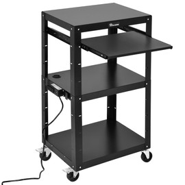 YITAHOME Large AV Cart on Wheels, Metal Presentation Cart with Keyboard Tray and Power 16.4ft Extra-Long Cord, Rolling Storage Cart with Wheels and Adjustable Shelves, Black