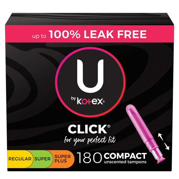 U by Kotex Click Multipack Tampons, Compact, Regular/Super/Super Plus Absorbency, Unscented, 180 Count (6 Packs of 30)