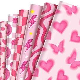 Jajajuegos 12 Sheets Preppy Wrapping Paper Set Pink Smiley Lightning Leopard Butterfly Pattern Gift Wrapping Paper Leopard Print Wrapping Paper for Bachelorette, Birthday Party Decorations, 6 Design, 20'' x 27''