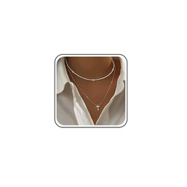 TseenYi Multilayer Cross Twist Chain Necklace Gold Glitter Gypsophila Chain Necklace Small Cross Pendant Choker - Super Sparkling Glitter Chains - Cross Pendant Necklaces, Zinc