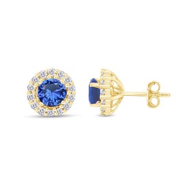 Blue Sapphire September Birthstone and White Cubic Zirconia Stud Earrings In 14k Yellow Gold Over Sterling Silver with Jackets