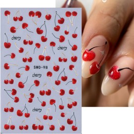 Cherry Nail Stickers Fruit Nail Decals 5D Embossed Fruit Design Sticker 3PCS Self-Adhesive Summer Nail Art Supplies Nail Manicure Accessories Slider Cherry Stickers for Women Nail Art Decorations